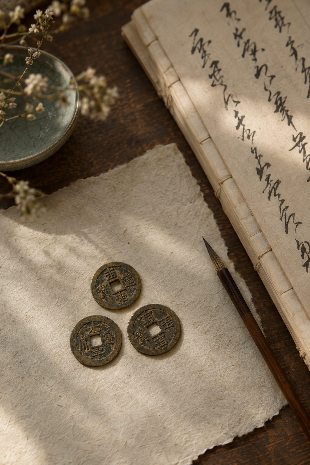 Three bronze I Ching coins resting on handmade paper beside a calligraphy book and brush